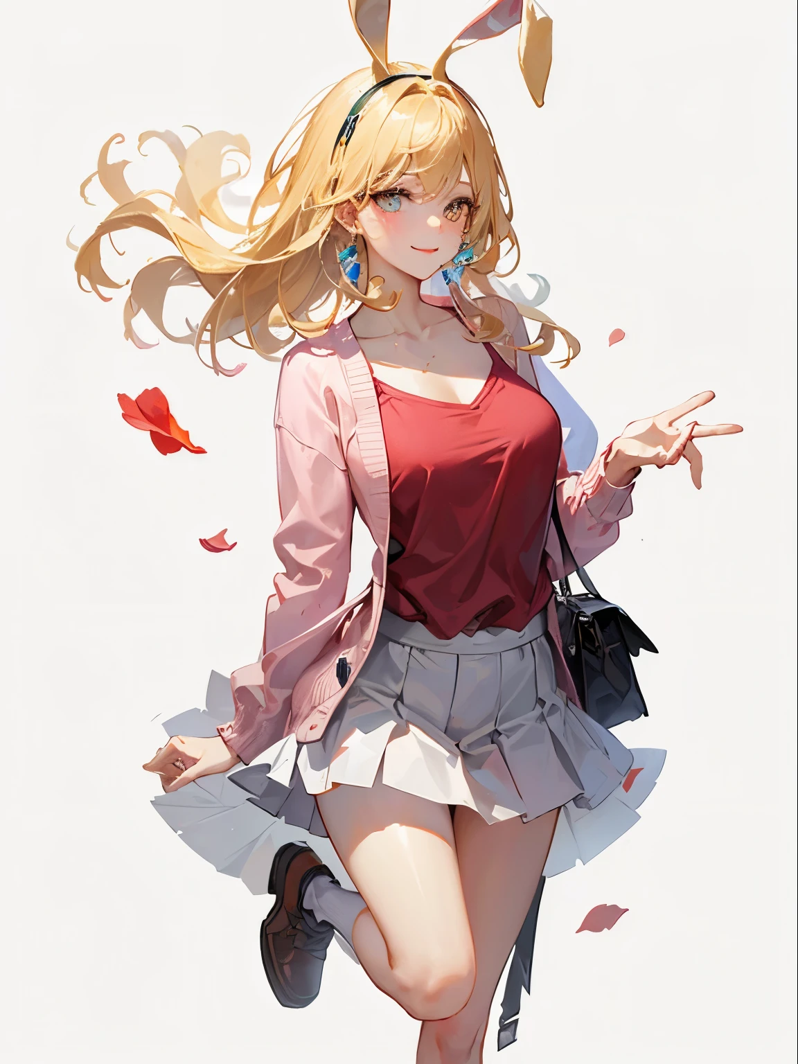 Dynamic posing, Arrange pose,Top quality work，，((short wavy Creamy Golden Blonde hair)),(Creamy Blonde hair),(short hair),(wavy hair),(golden eyes), lovely red lips, Rose cheeks, Pretty Face, A perfectly proportioned face, (casual clothes), wearing pink top and mini skirt，cardigan with bunny ears, full-body view， amazing, Large round chest、Beautiful eye details、Beautiful eyelashes、beautiful double eyelid, with blush cheeks, smilling