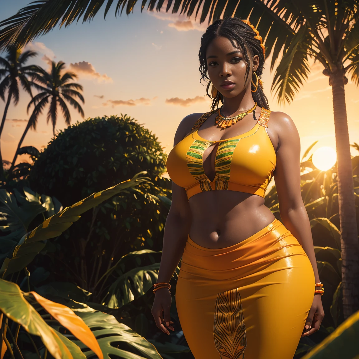 DSLR photography, sharp focus, Octane Render, Redshift, cinematic lighting, unedited, masterpiece, best quality, high quality, unreal engine 5, Hyper realistic, ultra-realistic, ((a curvaceous Jamaican babe standing under a tropical tree while a beautiful orange and yellow sunrise lifts overhead of her)) ((glossy skin effect)) ((oily skin)) ((Traditional Jamaican clothes: 1.3) 