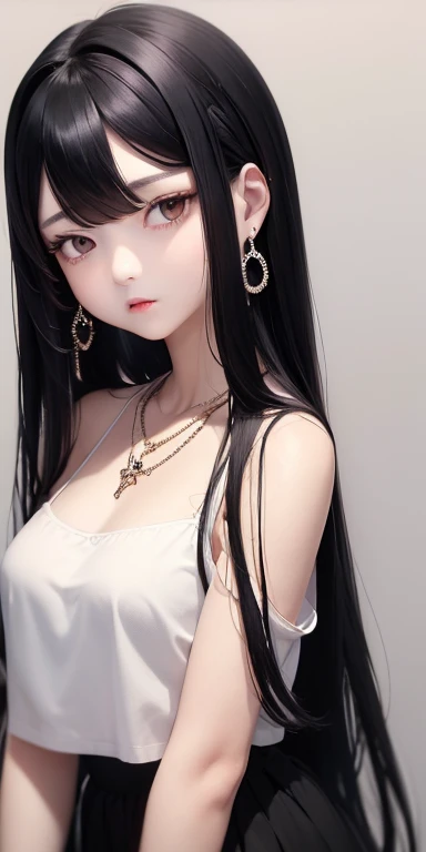 Top quality masterpiece illustrations、Black hair and black eyes、Wearing multiple necklaces、Wearing earrings、Girl in white skirt looking up、Beautiful face with hair on the side long hair at the angle of the lower body is fair.