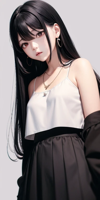 Top quality masterpiece illustrations、Black hair and black eyes、Wearing multiple necklaces、Wearing earrings、Girl in white skirt looking up、Beautiful face with hair on the side long hair at the angle of the lower body is fair.