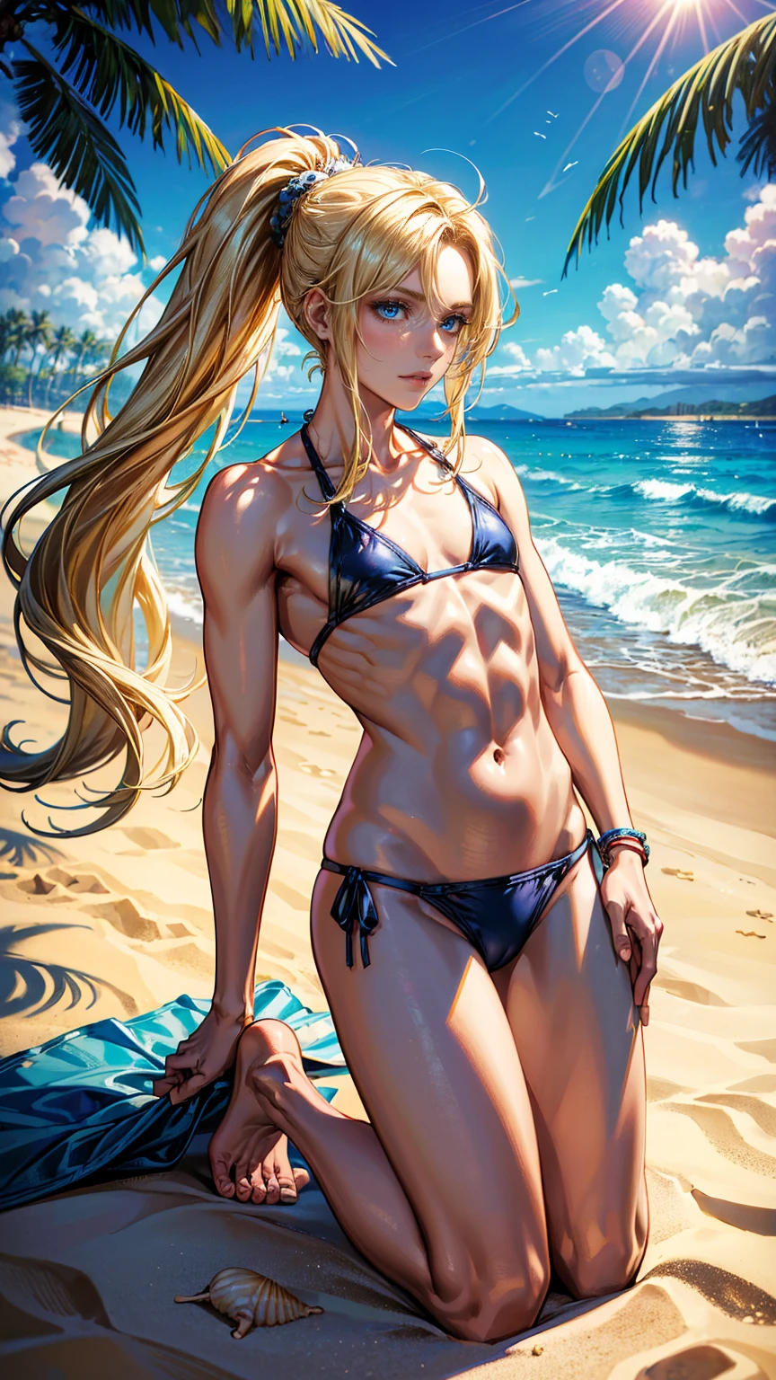 (masterpiece, Best quality, high resolution, ultra detailed), (beautiful and aesthetic: 1.2), ((1 person)), ((blonde hair)), (( long ponytail hair)), ((blue eyes)), male focus, male body, androgens, flat chest, (slight smile: 0.8), detailed eyes and face , full-length figure, swimsuit for man, pareo, beach flip-flops, beach, sand, palm trees, sea, waves, play on the beach, sand castles, shells, crabs, sun, golden hour, ((build sand castles))