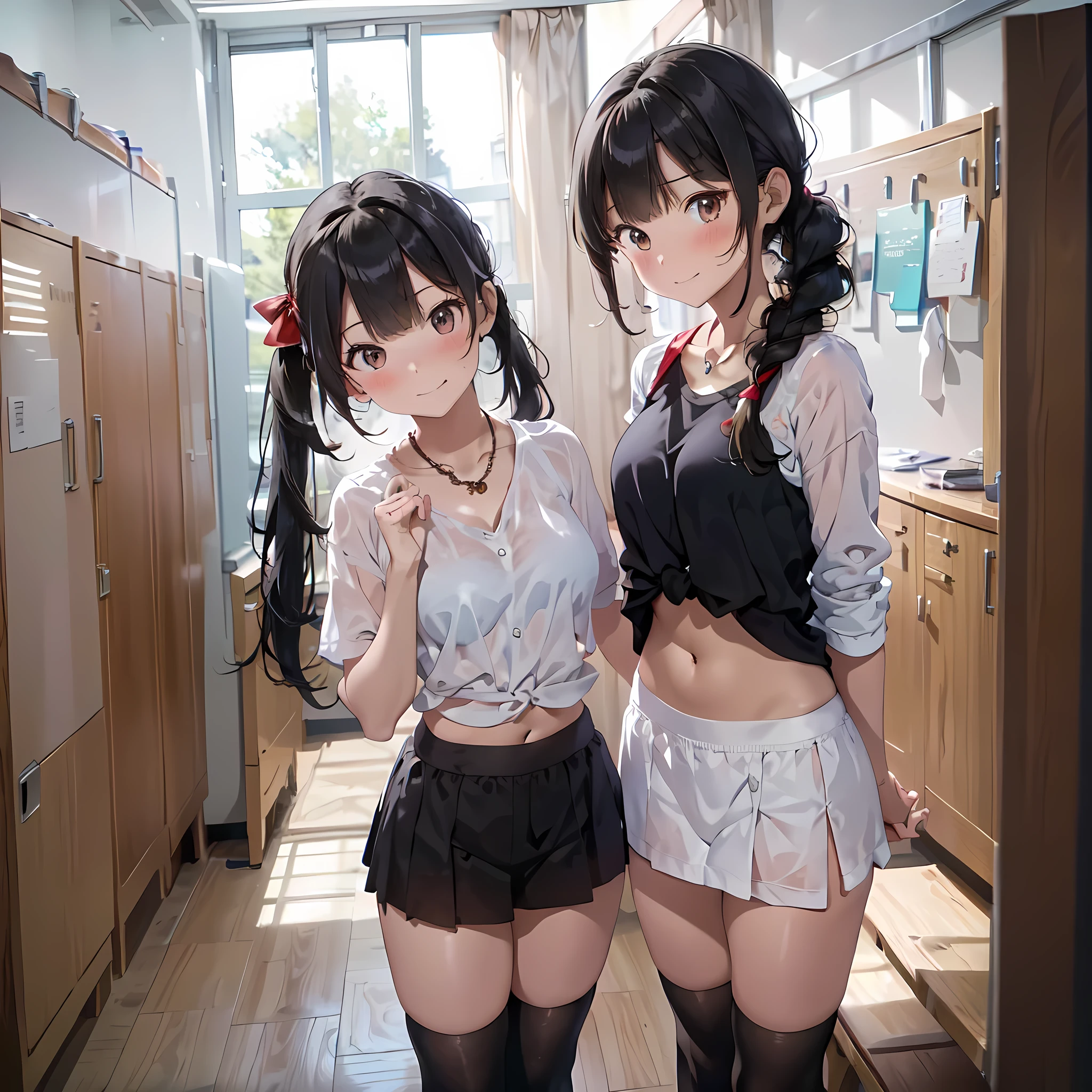 ((masterpiece, best quality, ultra quality, high quality, hyper detailed, intricate detailed, perfect anatomy, shiny skin)), ((three girls are sticking out their big butt boldly)), (body shot), (big butt), (In the school changing room), (smile, shy, red cheek, blush, Open your mouth:1.5), (slender), hair band, Headband, hair bobbles, brown hair, blond hair, navel, jewelry, looking at viewer, necklace, long hair, short hair, Abdominal muscles, (Thong:1.2), straight hair, bob cut, blunt bangs, silky hair, jet black hair, hair clip, hair band, hair ribbon, one-length haircut, ducktail, outward curled hair, French twist hair, twintails, side ponytail, single braid, wavy hair, bangs pinned back,