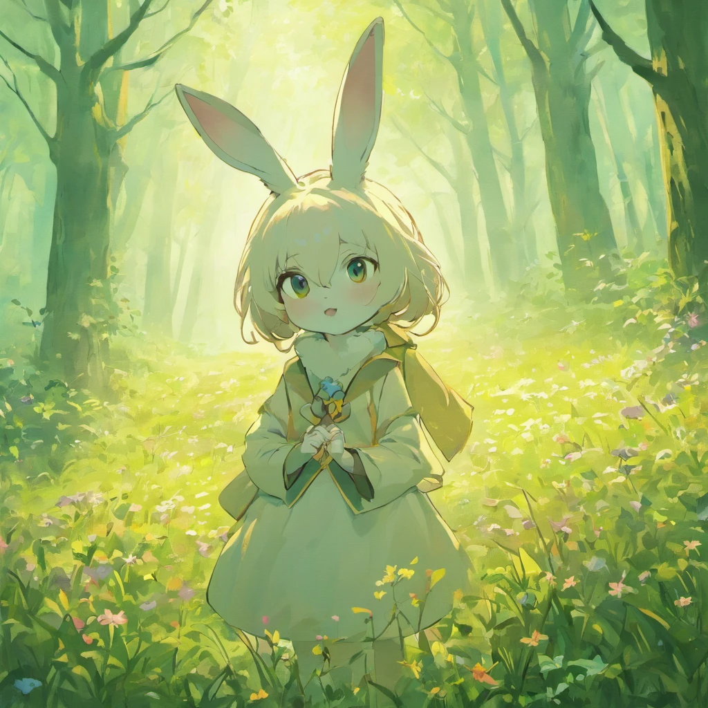 The white rabbit，Close-up of the rabbit，Foraging in the forest on winter，Soft grass，Surrounded by flowers，, Anime style, hyper HD, retinas, Masterpiece, Anatomically correct, Textured skin, High details, Super detail, High quality, Best quality, A high resolution, 16k