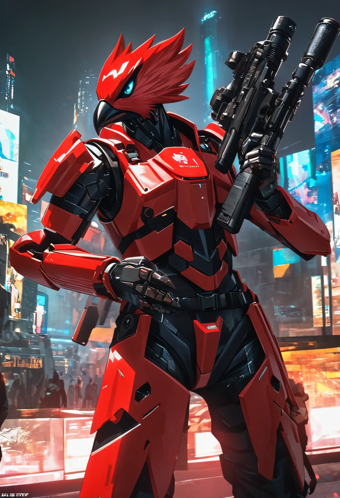 masterpiece, best quality, high res, solo, solo focus, scoundrel, male focus, half-falcon humanoid, red bird, falcon's head, red suit, (holding a gun, dl44blstr), jett from valorant, badass anime 8 k, Inspired by Ryusei Kishida, falco lombardi from starfox, crow in cyber armour, akira art style, red uniform, crimson attire, tactical radio, akira style illustration, red armor, akira artstyle, Los Angeles backdrop, cyberpunk atmosphere, cowboy shot.