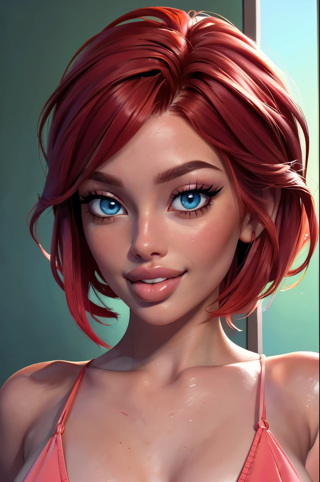 full body pose, lip biting, (sexy red haired young woman,perfect body,posing,model,stage,luxury hall),(oil painting),(detailed face,beautiful eyes,detailed lips, lips apart),(best quality,highres:1.2),(realistic),(portrait),(vibrant colors),(soft lighting), ((confident:1.7)), ((joyful:1)), short messy haircut  lips apart, blushing smile