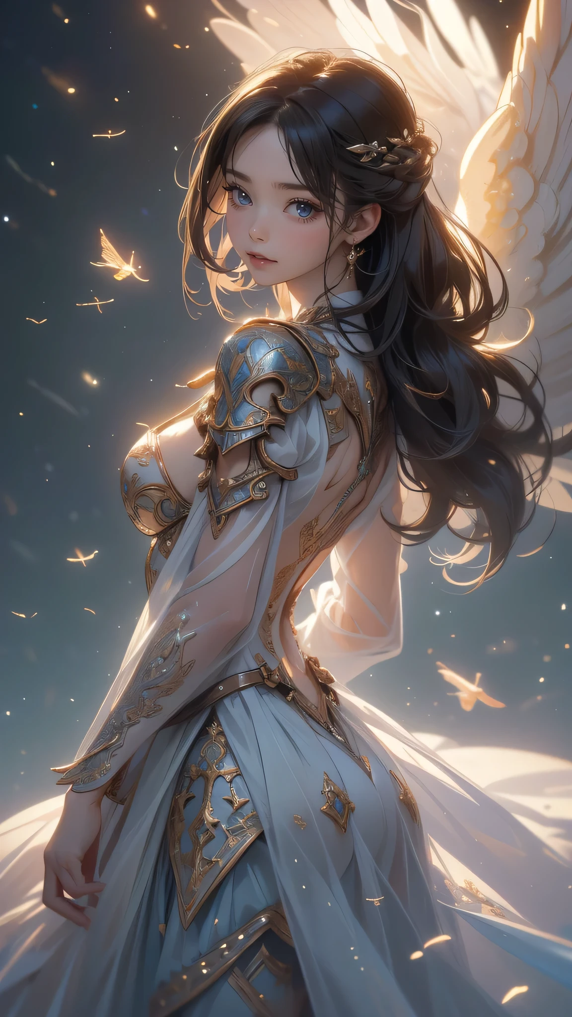 full body,from below,angel armor,(fly down from the sky:1.5),(random hairstyle),(Highest image quality,(8k),ultra-realistic,best quality, high quality, high definition, high quality texture,high detail,beautiful detailed,fine detailed,extremely detailed cg,detailed texture,a realistic representation of the face,masterpiece,Sense of presence)