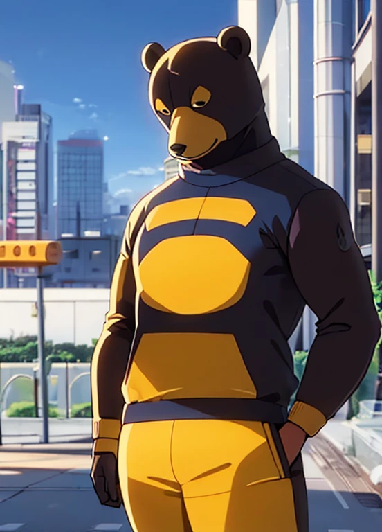 ((foto crua)), ((obra-prima)), Anthropomorphic humanoid bear wearing streetwear, andando entre as pessoas, detalhe intrincado, Greebles Intricate Pieces, city behind, casaco amarelo, corpo musculoso, Muscular arms, Small head, ogro monstruoso, Titan, soft lighting