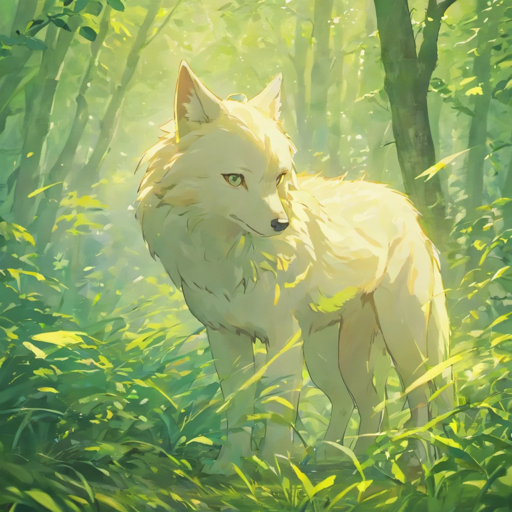 The white wolf,Close-up of the wolf,Foraging in the forest at winter,Soft grass,Surrounded by flowers,, Anime style, hyper HD, retinas, Masterpiece, Anatomically correct, Textured skin, High details, Super detail, High quality, Best quality, A high resolution, 16k