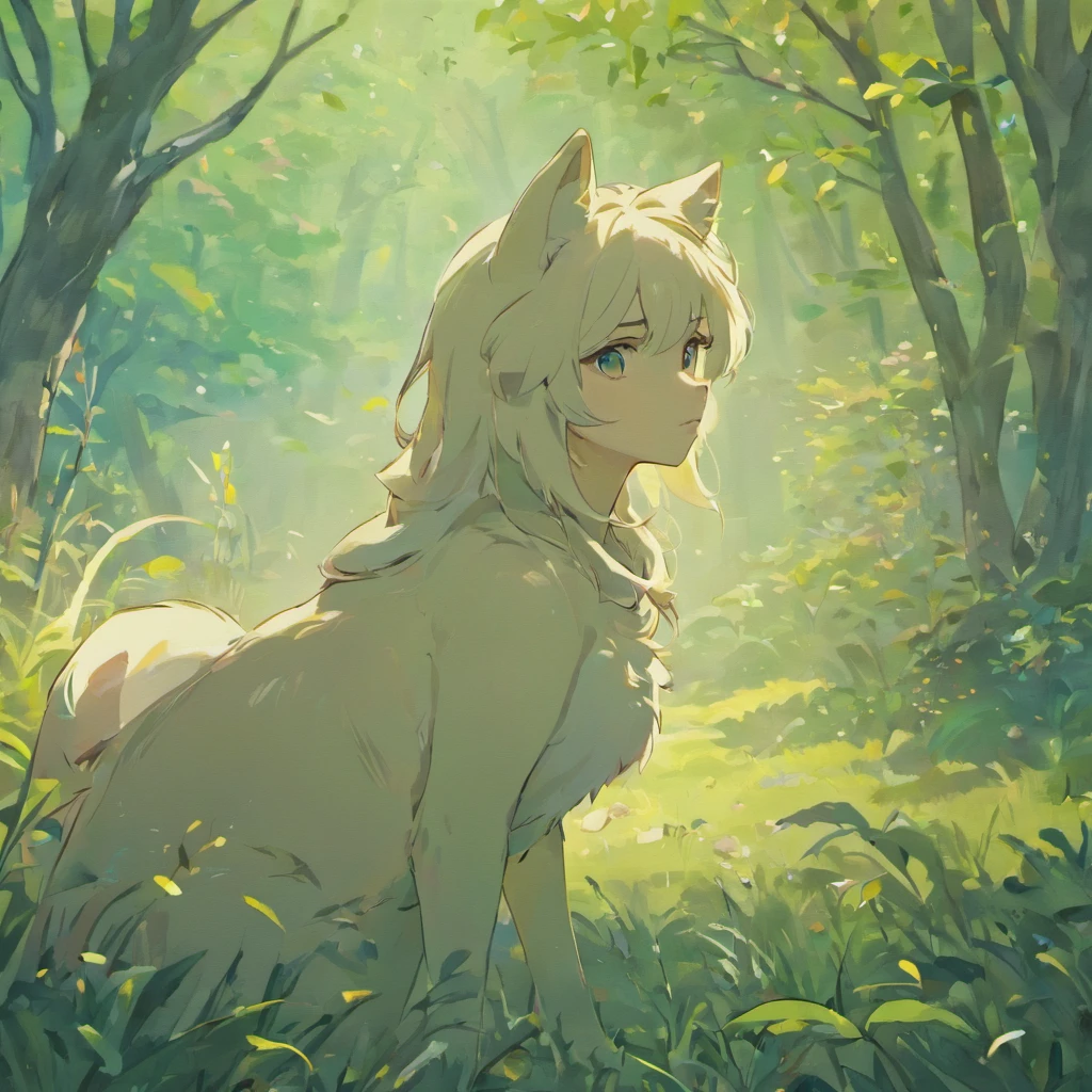 The white wolf,Close-up of the wolf,Foraging in the forest at winter,Soft grass,Surrounded by flowers,, Anime style, hyper HD, retinas, Masterpiece, Anatomically correct, Textured skin, High details, Super detail, High quality, Best quality, A high resolution, 16k