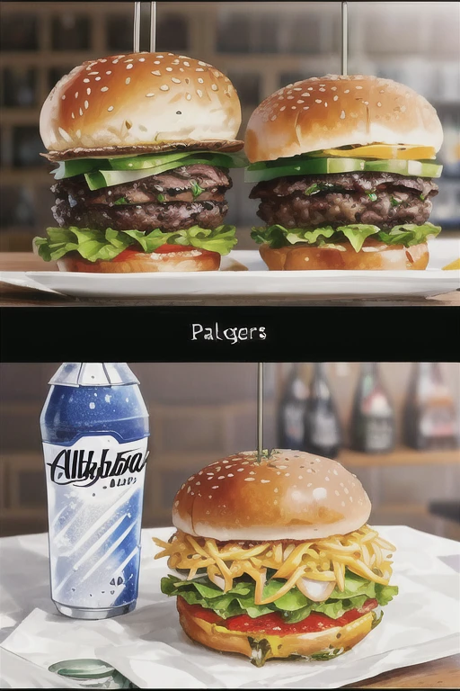 Create an amazing delicious tasty burger with double cheese vegetables, batata palha. Alface tomates, cebolas, duas carnes, mortadela, ovos. Just side a portion of fries, ((in the photo on the side of the burger a 2 liter soft drink)) .