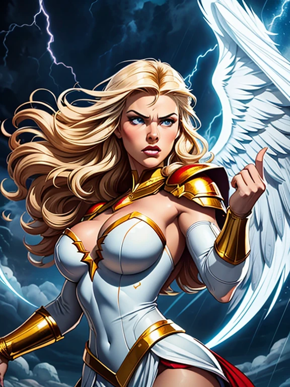 vectorial art style, stained glass,glorious victory scene,vivid colors,beautiful vintage warrior female angel,very big white open wings,beautiful angry face,curly long hair,face to face with observer,white armor with gold embroid details, dynamic angle, storm sky and lightning clouds background