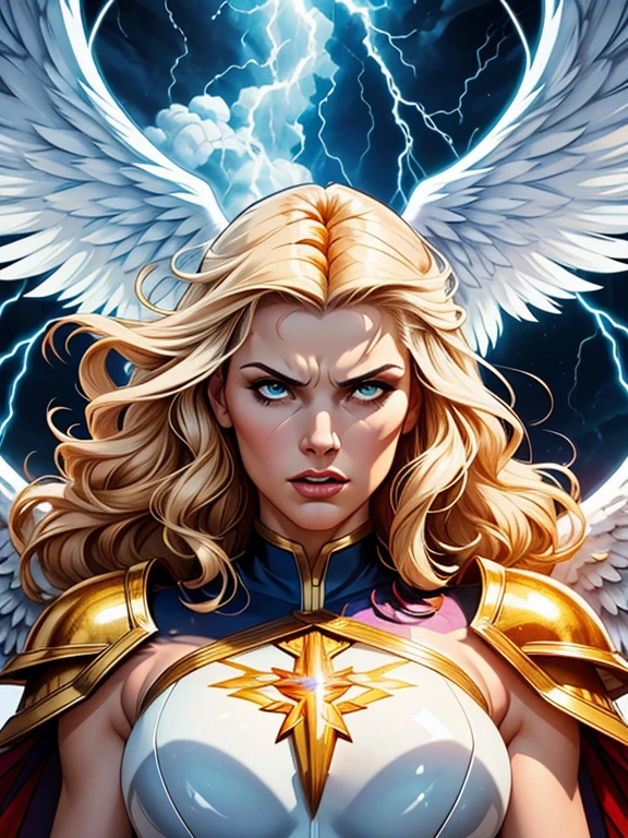 vectorial art style, stained glass,glorious victory scene,vivid colors,beautiful vintage warrior female angel,very big white open wings,beautiful angry face,curly long hair,face to face with observer,white armor with gold embroid details, dynamic angle, storm sky and lightning clouds background