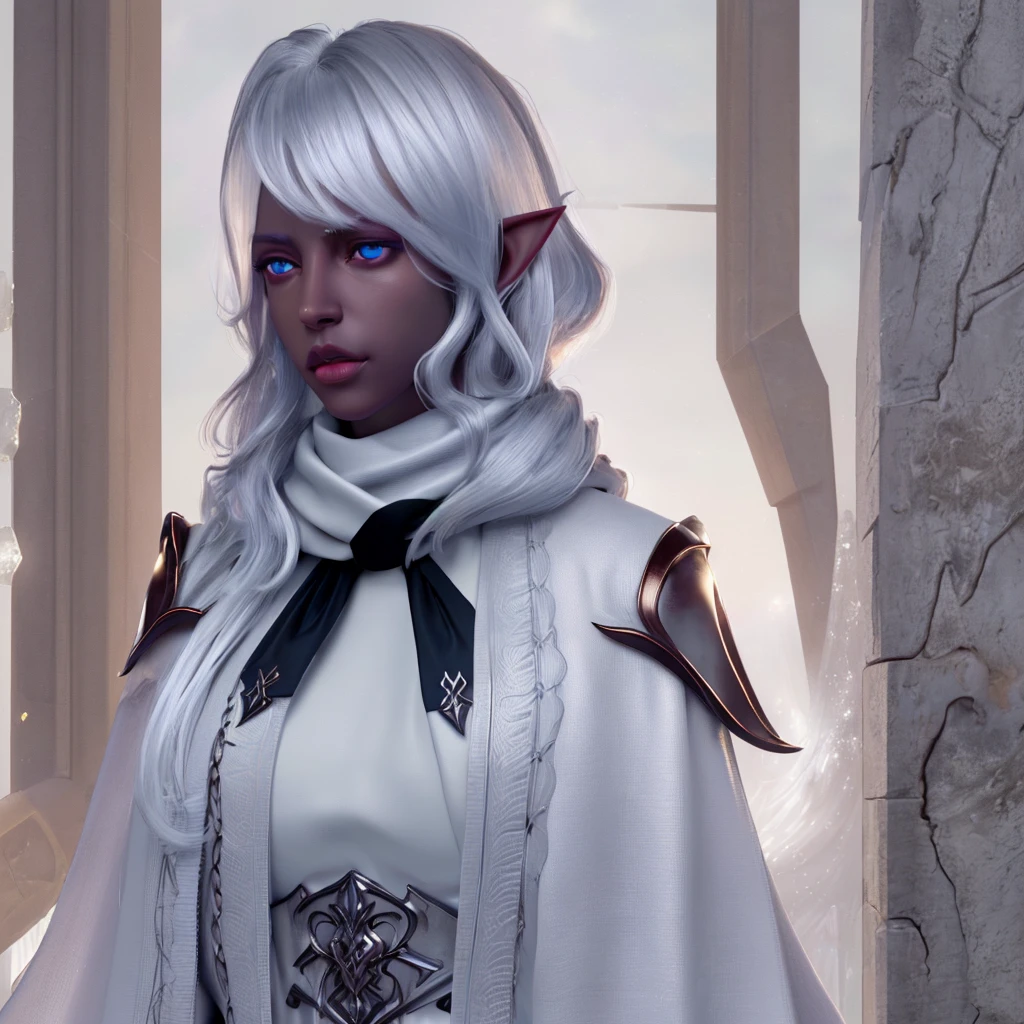 best quality, (wide shot), CGSsociety, 8K, ultra-realistic, masterpiece, dark elf, white hair, blue eyes, white clothes, black scarf, looking up, upper body, lock of hair, dark skin, straight and loose hair