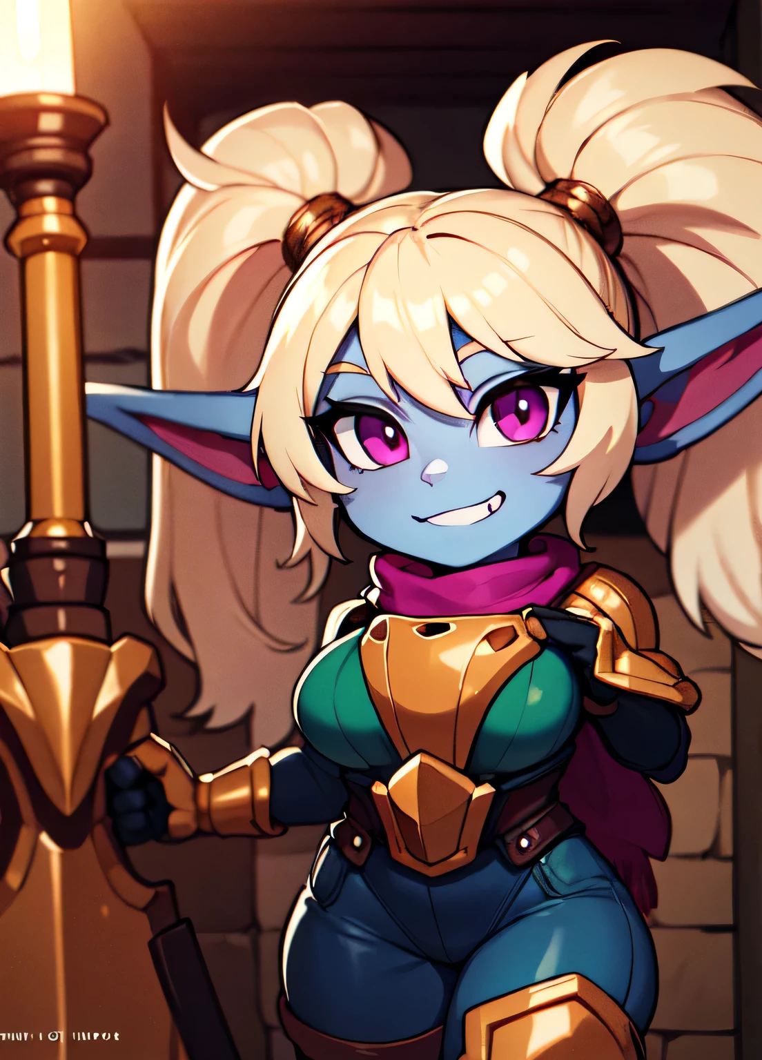 ((best quality)), ((highly detailed)), absurdres, extremely detailed face, beautiful face, (detailed eyes, deep eyes), (1woman), dynamic pose, cowboy shot, (poppy:1.1), yordle, blonde hair, twintails, magenta eyes, short, curvy, wide hips, ((colored skin, light blue skin)), large breasts, grin, armor, green pants:.3, scarf, (holding colossal hammer), (inside, in a tavern)