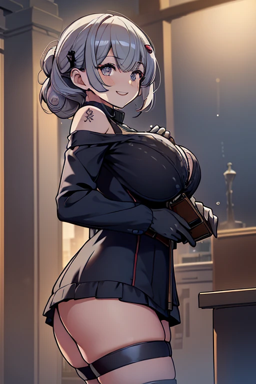 (dynamic angle:1.3, front view:1.1, breast focus:1.3, from below:1.2), (dynamic posing:1.5, sexy posing:1.2, leaning forward), (seductive smiling:1.3), ((looking at viewer, holding a cake)),highest quality、(real、photorealistic:1.4),(ultra high resolution, 8K RAW photo, clear focus), best qualtiy, natural lighting, field depth, (Bright pupils, detailed beautiful eyes, high detailed face), Red lip, (tight focus:1.2, from below), sexy posing, a girl 22yo old, teacher, wearing a , bootyshorts, Thicc, thin breast, long hair, blue eyes,off-shoulder dress, sweater dress, off-shoulder sweater, red sweater,garter stocking, cleavage:1.1, midriff, black shorts, black thighhighs, thigh strap, pretty girl, (highly detailed beautiful face and eyes,firm breasts),real skin,((black,hair,long pony tail hair)),thin pubic hair,cute,lovely, detailed eyes, This masterpiece is only visually stunning but also tells,(double breasted:1.0,under bust:1.0),(with sparkling eyes and a contagious smile),open mouth, Looking at Viewer,