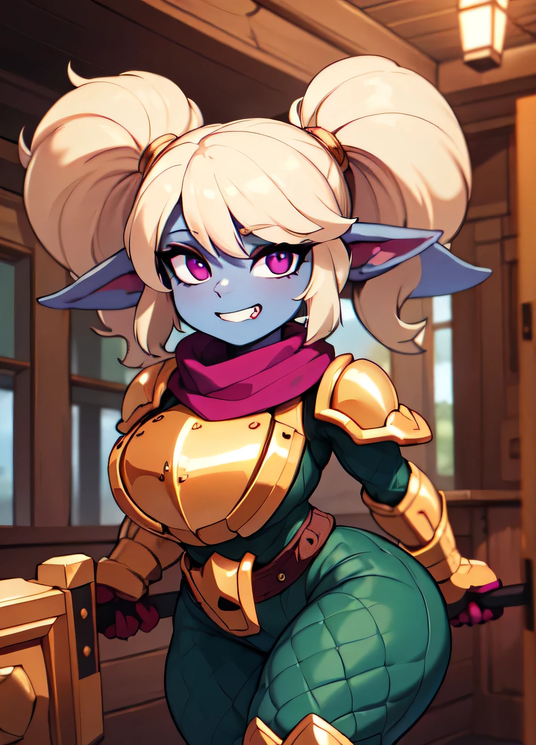 ((best quality)), ((highly detailed)), absurdres, extremely detailed face, beautiful face, (detailed eyes, deep eyes), (1woman), dynamic pose, cowboy shot, (poppy:1.1), yordle, blonde hair, twintails, magenta eyes, short, curvy, wide hips, ((colored skin, light blue skin)), large breasts, grin, armor, green pants:.3, scarf, (holding colossal hammer), (inside, in a tavern)