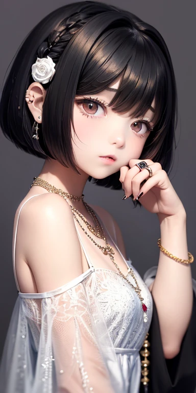 Top quality masterpiece illustrations、Black hair and black eyes、Wearing multiple necklaces、Wearing earrings and rings、Little girl in a white fancy dress looking up、Beautiful face with hair on the side short hair at the angle of the lower body is fair.。