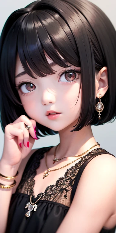 Top quality masterpiece illustrations、Black hair and black eyes、Wearing multiple necklaces、Wearing earrings and rings、Little girl in a white fancy dress looking up、Beautiful face with hair on the side short hair at the angle of the lower body is fair.。
