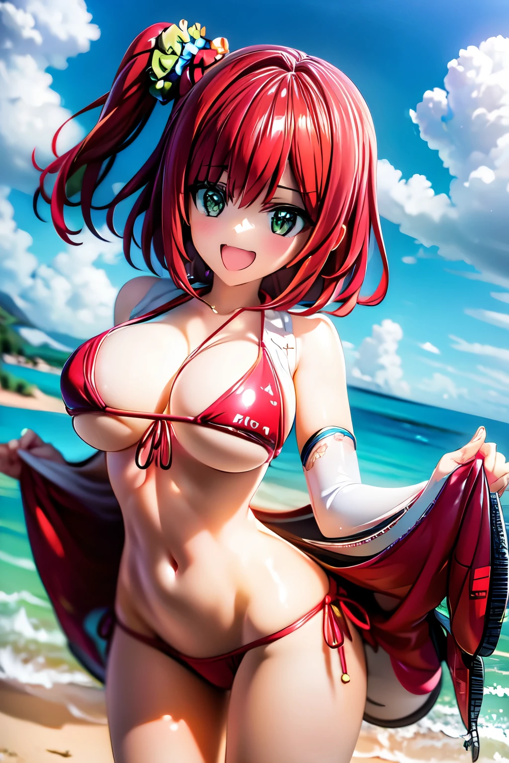 best quality, masterpiece, extremely detailed CG, official art , professional lighting, detailed background, sakimiyairuka, red hair, green eyes,(one side up), medium hair, side ponytail, green scrunchie, hair ornament, gleaming skin, smile, big breasts, big ass, micro bikini, pussy line, collar, beach,