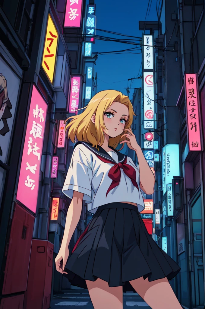 anime character Sukeban delinquent girl standing on a city street corner in black seifuku with black long skirt, anime style. 8k, anime style mixed with fujifilm, retro anime girl, anime styled digital art, in neo tokyo, anime style illustration, anime style 4 k, anime style artwork, anime poster film still portrait, tokyo anime scene, modern anime style, anime style digital art