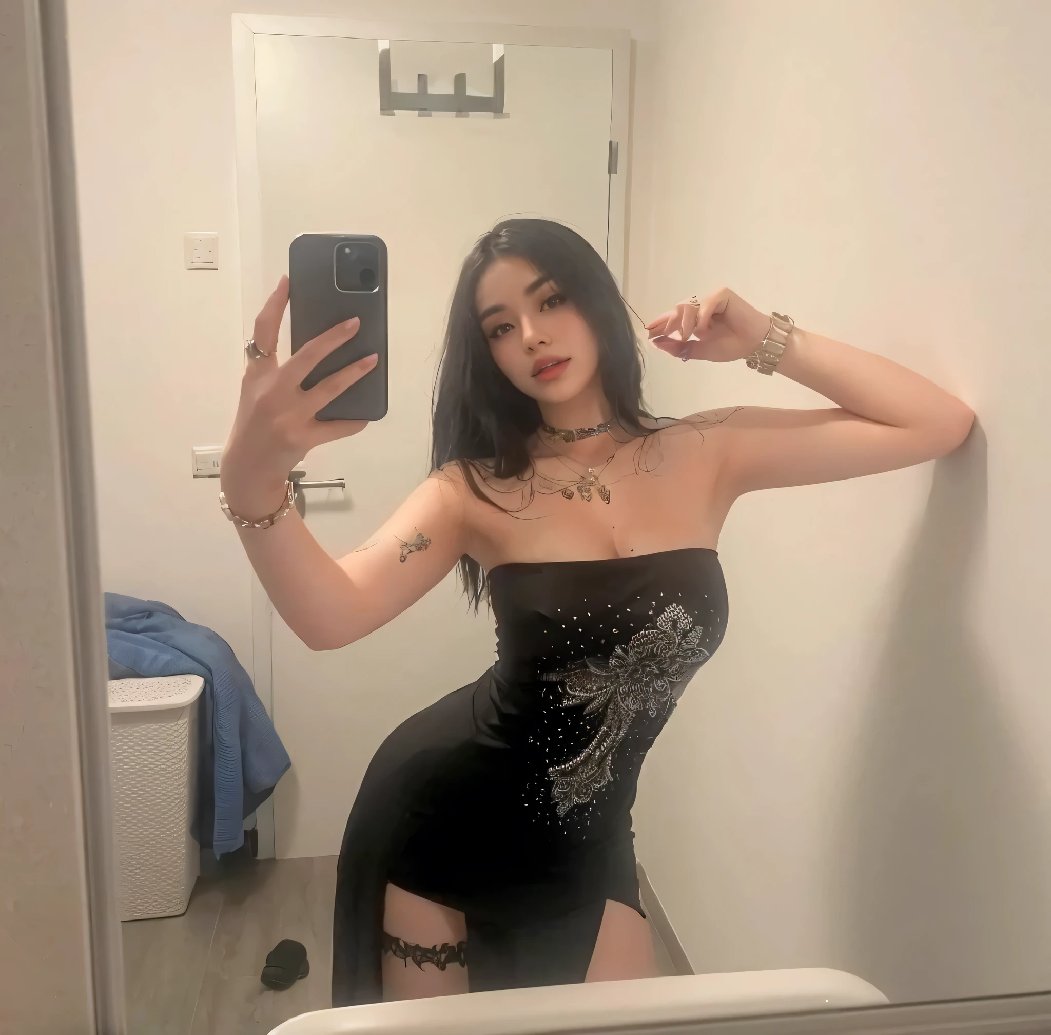 Woman in a black dress taking a selfie in a mirror, 18 years, 21 years, 22 years, 23 years, , succubus in short tight dress, 20 years, 20 years, she is about 20 years, she is about 20 years