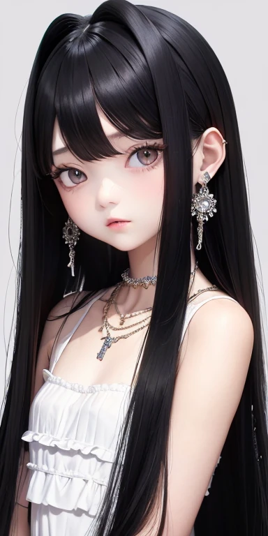 Top quality masterpiece illustrations、Black hair and black eyes、Wearing multiple necklaces、Wearing earrings and rings、Little girl in a white fancy dress looking up、Beautiful face with hair on the side long hair at the angle of the lower body is fair.。