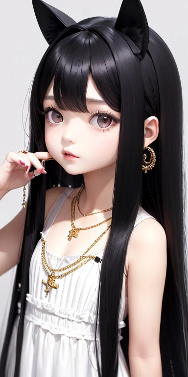 Top quality masterpiece illustrations、Black hair and black eyes、Wearing multiple necklaces、Wearing earrings and rings、 in a white fancy dress looking up、Beautiful face with hair on the side long hair at the angle of the lower body is fair.。