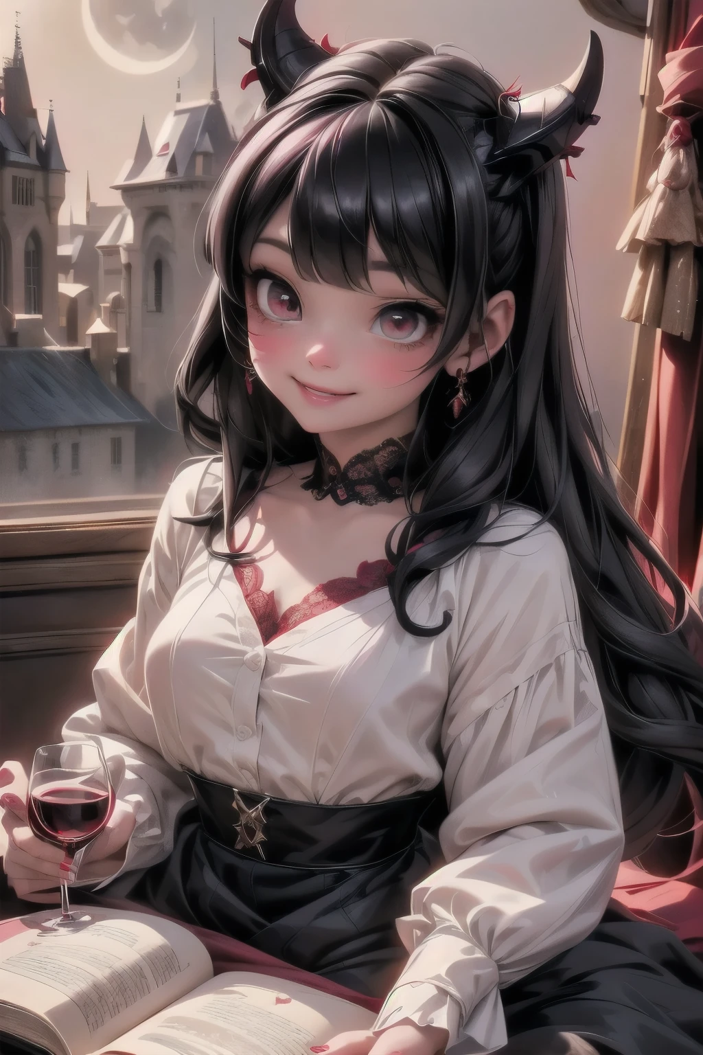 a cute little vampiress with red horns smiling, hair accesories, hair ornaments, black hair, lace cloth (crop shirt), red skirt, red pumps, red mary janes, holding a glass of red wine, reading a magical book, castle indoors, candle lights illuminating around, night scene, moon outside a window, seductive look, sfw