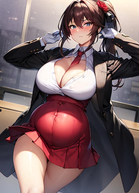 masterpiece, best quality, Super detailed, illustrexistion, warm Lighting, Vibrant colors, 1 Girl,Solitary, long hair, very long hair, pet, Cross your arms,(((Cleavage)))8k interesting, sitting, office, office work,

action, Ahog, Bangs, Black_jacket, blue_Eye, ??????, Brown_hair, Brown_Vest, Buttons, closure_Mouth, collaRed_shirt, Double-breasted, skirt_shirt, flower, Gloves, hair_between_Eye, hair_flower, hair_Decorations, hair_Exceed_Eye, jacket, Light_particle, long_sleeve, Watching_exist_Viewer, tie, lattice, lattice_skirt, pleexisted_skirt, Ponytail, Red_flower, Red_tie, Red_Rose, Red_skirt, Rose, shirt, skirt, High Leg Raise, Vest, arms, White_shirt, absolute_Liang Kee,pregnant, 懷pregnant, bloexistedbelly