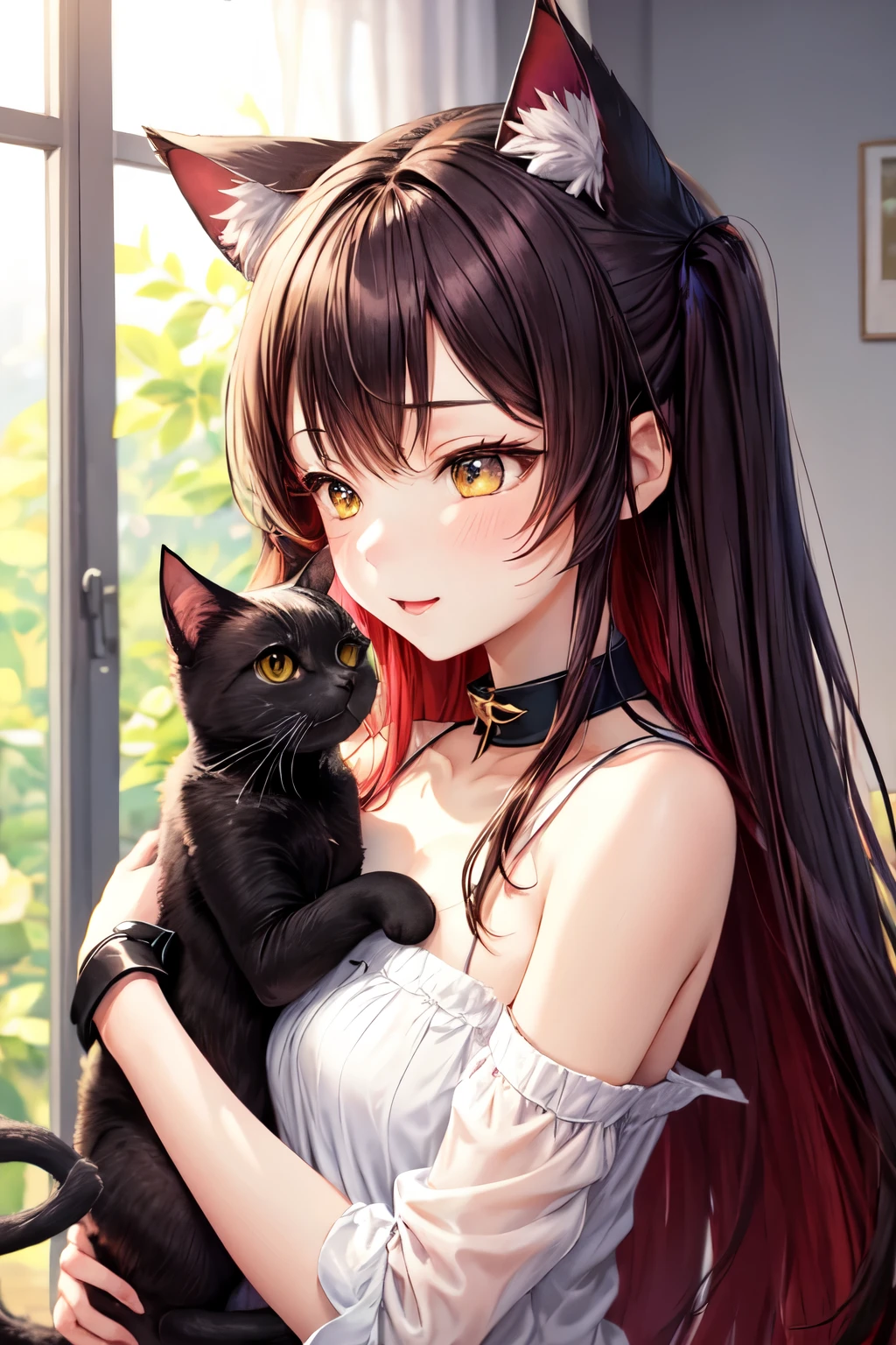 bright red、Long hair girl, cute, cat ears, , upper body, VTuber, stroking a black cat, soothing