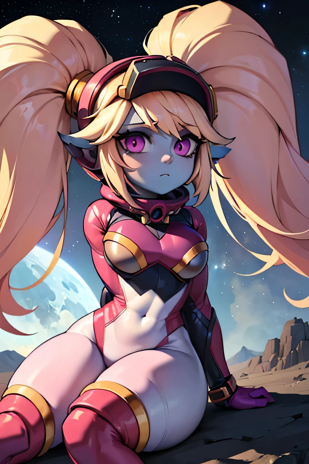 highly detailed,best quality,photography,Poppy from LoL,absurdres, beautiful face,(detailed eyes,deep eyes),1woman,blonde hair,twintails,magenta eyes,short,wide hips,curvy,toned muscles,(spacesuit),(astronaut helmet with visor), on the moon surface