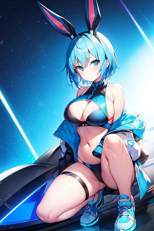 1girl, blue hair, huge breasts, bunny ears, rabbit ears, wide hips, blue eyes, short hair, very short hair, science-fiction, tech, futuristic, machinery, full body, neon trim, bikini, black bikini, light smile, shoes, sneakers, blue trim, pixie cut, glowing eyes