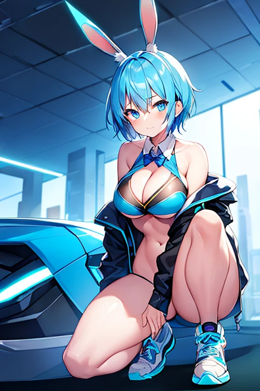 1girl, blue hair, breasts, huge breasts, bunny ears, rabbit ears, wide hips, blue eyes, short hair, very short hair, science-fiction, tech, futuristic, machinery, full body, neon trim, bikini, black bikini, light smile, shoes, sneakers, blue trim, pixie cut, glowing eyes