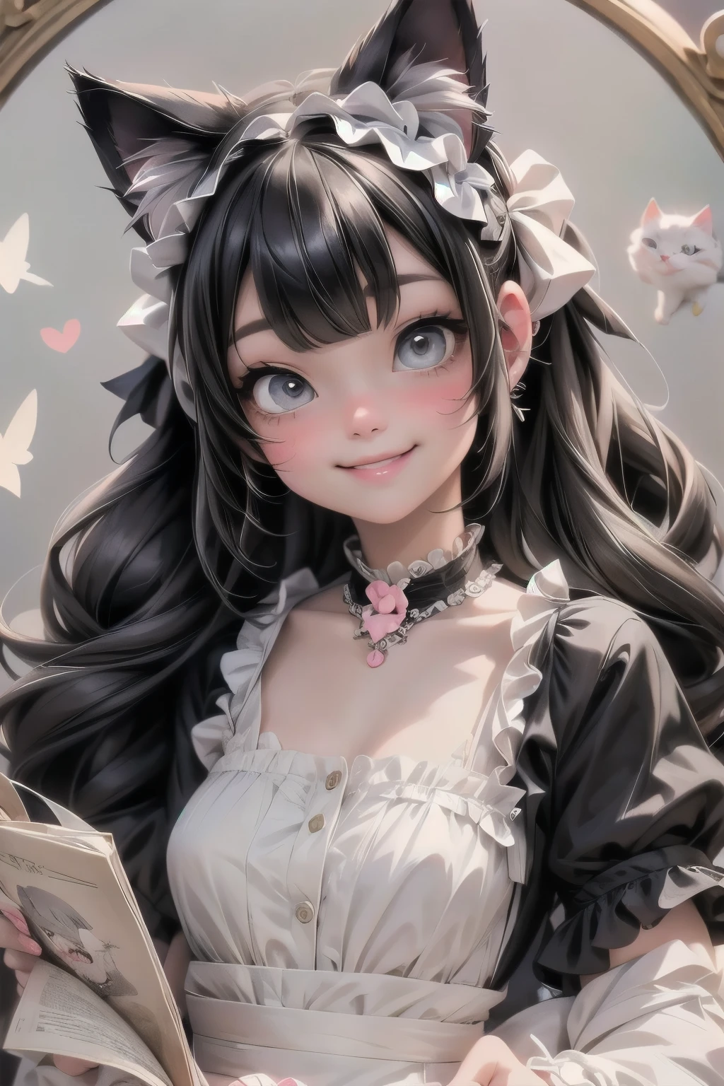 a cat girl smiling, Lolita art style, kawaii, pumps, 