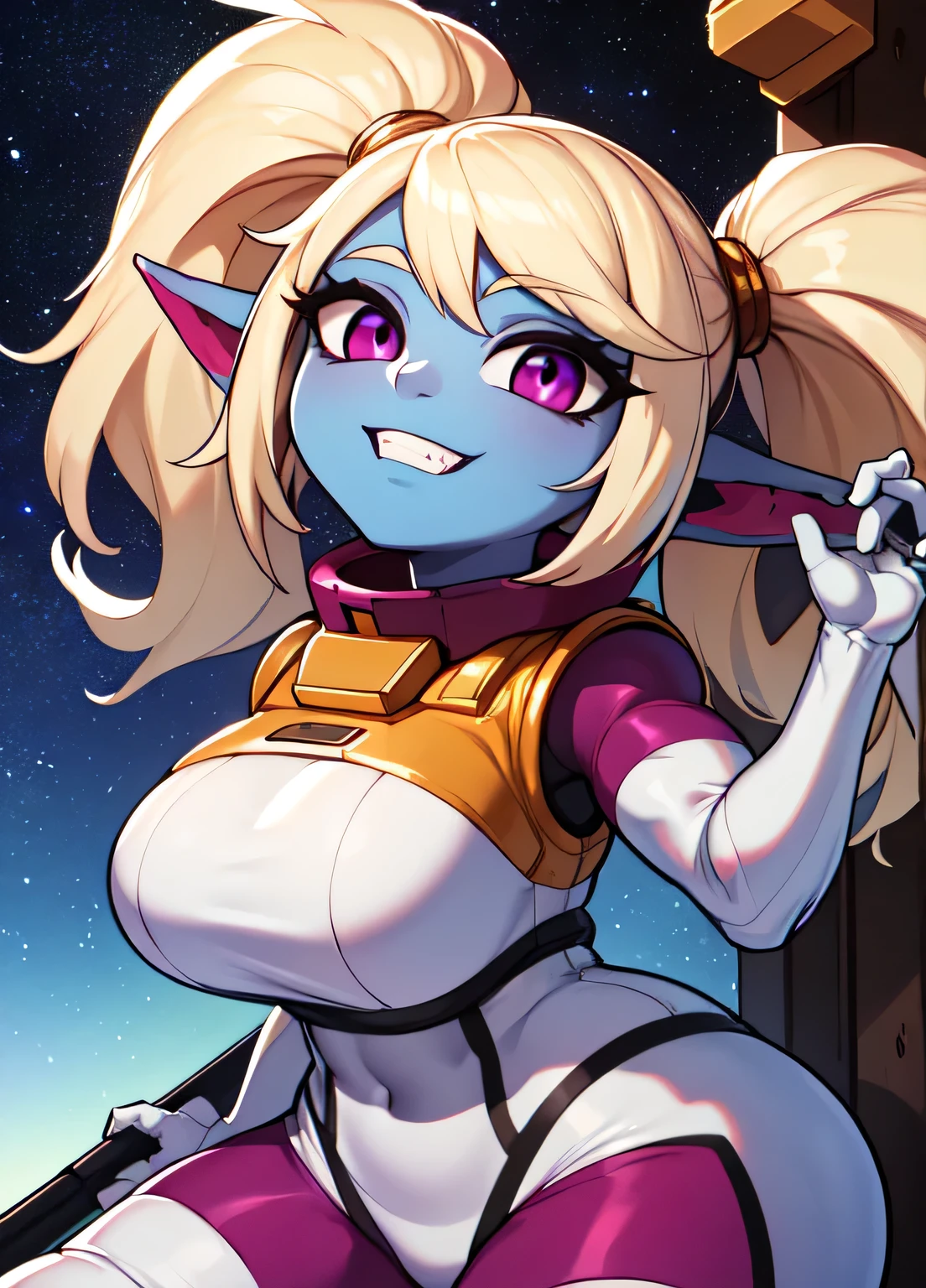 best quality)), ((highly detailed)), masterpiece, absurdres, (detailed eyes, deep eyes), (1girl), leaning against a wall, (poppy:1.1), blonde hair, twintails, magenta eyes, short, curvy, wide hips, ((colored skin, light blue skin)), huge breasts, smiling, armor, green pants::.3, scarf, (holding hammer), (outside, at a shrine, torii, stone lanterns, midnight, night sky, stars, full moon), breasts_bigger_than_head, breasts_bigger_than_head exposed breasts,, hyper breasts