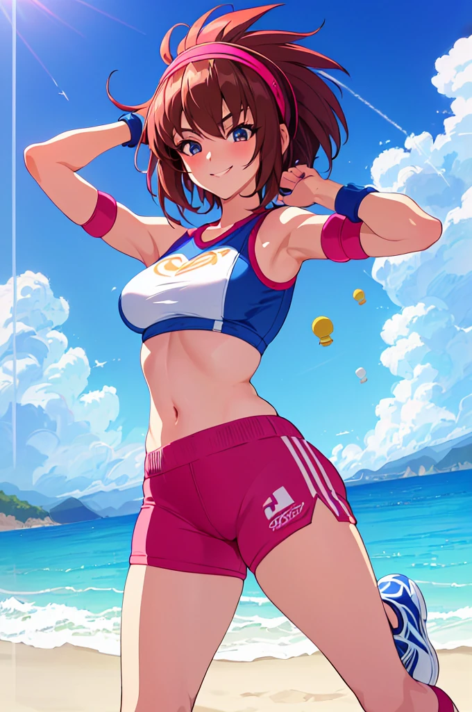 imagined a girl in extreme sport outfit playing to a flying disc game in a beach arena game sport, masterpiece, ultra-detailed, 80's anime (style), 2D, megapixel, perfectionism, full HD , 4K, (windjammers), windjammers sport game, windjammers 2 (((((solo mature anime woman,)))))++++++++++++++++++, looking at viewer, full body, brown hair and pink hair, short hair, weird hair, smile, lips, eyelashes, medium breasts, gym uniform, uniform, gym shorts, headband, sports bra, elbow pad, knee pad, extreme sports outfit 80's theme, beach background, playing flying disc game on a beach court game, sea, sun in the sky, sports wear