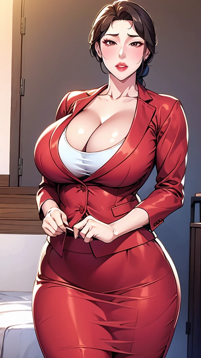 Cao Meijing,wearing red suit, Medium sized breasts,skirt, White shirt, (((Cleavage)))8K high quality,4K,