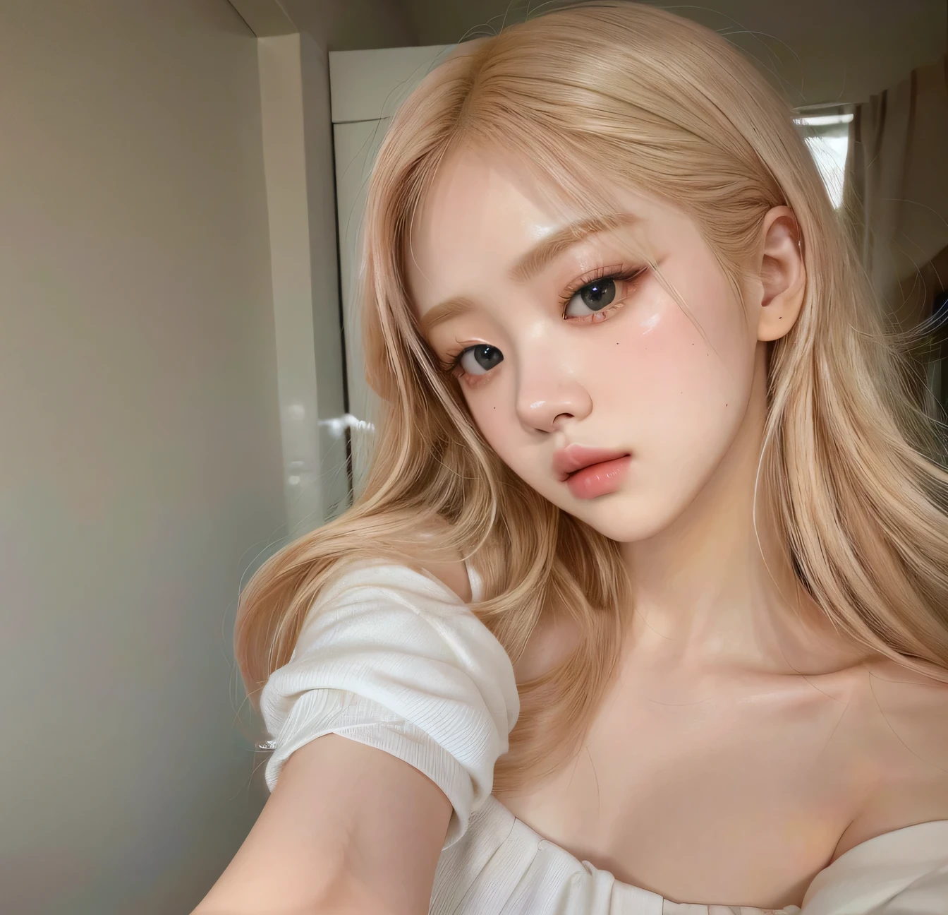 Rose from Blackpink, blonde hair, soft skin, big eyes, pale skin, long silky hair, realistic style