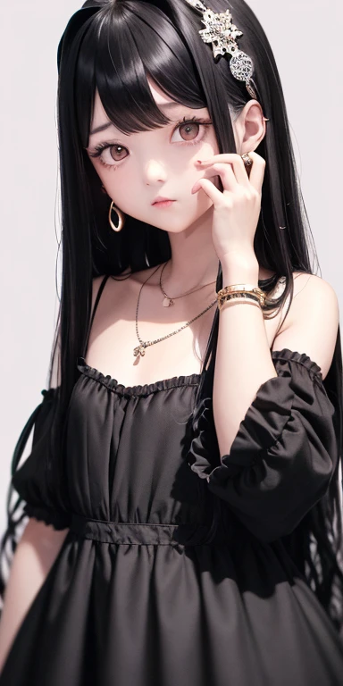Top quality masterpiece illustrations、Black hair and black eyes、Wearing multiple necklaces、Wearing earrings、Turn your back to your hand、Little girl in a white fancy dress looking up、Cute and elegant face with hair on the side and long hair on the lower body with fair angle.。