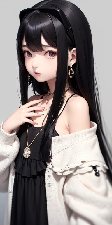 Top quality masterpiece illustrations、Black hair and black eyes、Wearing multiple necklaces、Wearing earrings、Turn your back to your hand、Little girl in a white fancy dress looking up、Cute and elegant face with hair on the side and long hair on the lower body with fair angle.。