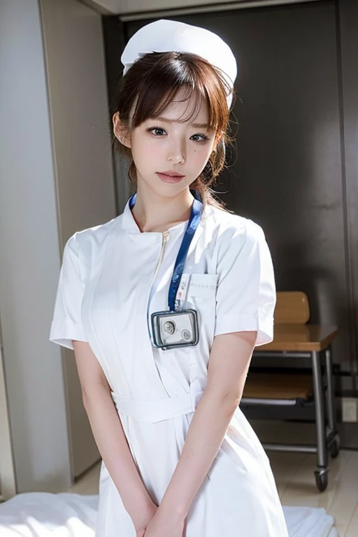 1 girl,(Wearing white nurse clothes:1.2),(RAW Photos, highest quality), (Realistic, photo-Realistic:1.4), masterpiece, Very delicate and beautiful, Very detailed, 2k wallpaper, wonderful, finely, Very detailed CG unity 8k wallpaper, Very detailed, High resolution, Soft Light, Beautiful detailed girl, Very detailed eyes and face, Beautiful and detailed nose, finely beautiful eyes, Perfect Anatomy, Black Hair, Upstyle, nurse uniform, ((nurse cap)), Long skirt, nurse, White costume, thin, hospital, clear, White Uniform, hospital room, Neck auscultation,