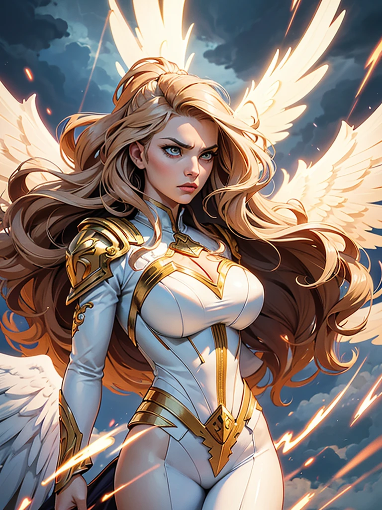 vectorial art style,glorious victory scene,vivid colors,beautiful vintage warrior female angel,very big white open wings,beautiful angry face,curly long hair,face to face with observer,white armor with gold embroid details, dynamic angle, storm sky and lightning clouds background