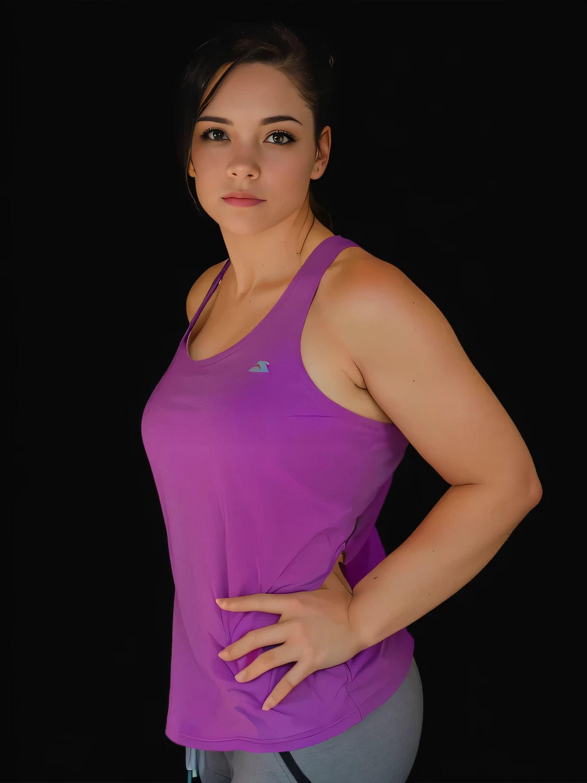 there is a woman in a purple shirt posing for a photo, proper photo, arms to the side, standing athletic pose, half body photo, half body photo, half body close up photo, half body photo, photo half-length, pillar, centered full-length photo, tight violet tank top, half-length cut, photo from the middle of the waist up, black background. She is wearing a vibrant purple sports tank top and heather shorts (((blue-gray-green-black))), suggesting an active lifestyle or athletic attire for working out. Sharp photo, high quality, high resolution (ultra quality masterpiece), Ultra HD, high contrast, 16K. Masterpiece: 1.3, high resolution, (photographically realistic), NUDE, NUDITY, NFSW.