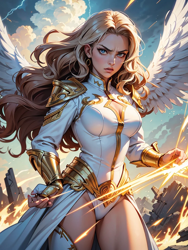 vectorial art style,glorious victory scene,vivid colors,beautiful vintage warrior female angel,beautiful angry face,curly long hair,very big white open wings,looking to with observer,white armor with gold embroid details, dynamic angle, storm sky and lightning clouds background