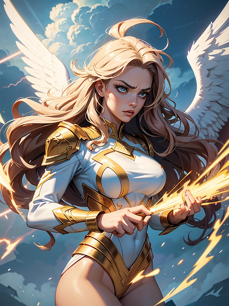 vectorial art style,glorious victory scene,vivid colors,beautiful vintage warrior female angel,beautiful angry face,curly long hair,very big white open wings,looking to with observer,white armor with gold embroid details, dynamic angle, storm sky and lightning clouds background