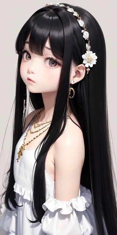 Top quality masterpiece illustrations、Black hair and black eyes、Wearing multiple necklaces、Wearing earrings、Little girl in a white fancy dress looking up、Cute and elegant face with long hair in the upward view. The angle of the lower body is fair..。