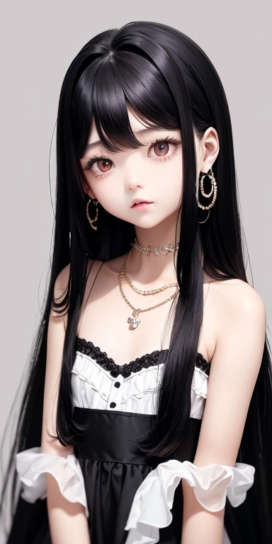 Top quality masterpiece illustrations、Black hair and black eyes、Wearing multiple necklaces、Wearing earrings、 in a white fancy dress looking up、Cute and elegant face with long hair in the upward view. The angle of the lower body is fair..。