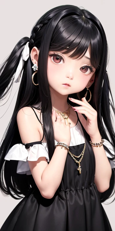 Top quality masterpiece illustrations、Black hair and black eyes、Wearing multiple necklaces、Wearing earrings、 in a white fancy dress looking up、Cute and elegant face with long hair in the upward view. The angle of the lower body is fair..。