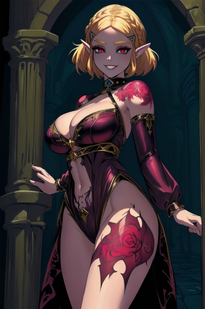 (zelda totk reimagined as a corrupted dark queen by ganon )+++, sfw++,masterpiece, best quality, high quality, illustration, film grain,(perfect female )++, beautiful detailed eyes, (symbol of evil:1.2),milf zelda, lascivious woman, (evil smile:1.1), (villain, dark heroine:1.2), (perfect female proportions:1.1), (seductive eyes:1.2), eyeliner, mascara, sexy makeup, (seductive smile:1.2), (mature woman:1.4),masterpiece, best quality, high quality, illustration, film grain, 1girl, (glowing evil red eyes), evil grin, crazy eyes, (high resolution, masterpiece, ultra best quality, insanely amazing hyper fine extremely detailed, official:1.4) dark heroine anime girl with short hair in a dark and evil place, extremely detailed artgerm, (official:1.4), dynamic composition, (solo girl:1.4), {sfw}, masterpiece, ultra-detailed, iconic attack, dominatrix, spiked collar, dark kingdom, bad end, 1girl, solo female, solo focus, mature female, standing, full body, looking at viewer, dark zelda totk, dark queen, evil, corruption, contrapposto, mind break, blond hair, (short hair:1,5), evil smile, lips, eyelashes, evil grin, dark aura, thigh_clothes, ,alternate costume, bdsm, (intricate details:1.12), (intricate details, hyperdetailed:1.15), hdr, dungeon, (at night:1.2), fireplace, warm light, dramatic light, cinematic,creepy dungeon, dark aesthetic, goth aesthetic, creepy, ominous background, dark atmosphere, death atmosphere, green and red atmosphere, evil dungeon background, gothique, faint darkness, ((red glow crotch tattoo)),