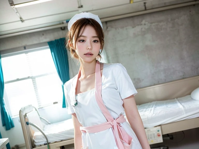 1 girl,(Wearing white nurse clothes:1.2),(RAW Photos, highest quality), (Realistic, photo-Realistic:1.4), masterpiece, Very delicate and beautiful, Very detailed, 2k wallpaper, wonderful, finely, Very detailed CG unity 8k wallpaper, Very detailed, High resolution, Soft Light, Beautiful detailed girl, Very detailed eyes and face, Beautiful and detailed nose, finely beautiful eyes, Perfect ???????, Black Hair, Upstyle, nurse uniform, ((nurse cap)), Long skirt, nurse, White costume, thin, hospital, clear, White Uniform, hospital room, Neck auscultation,